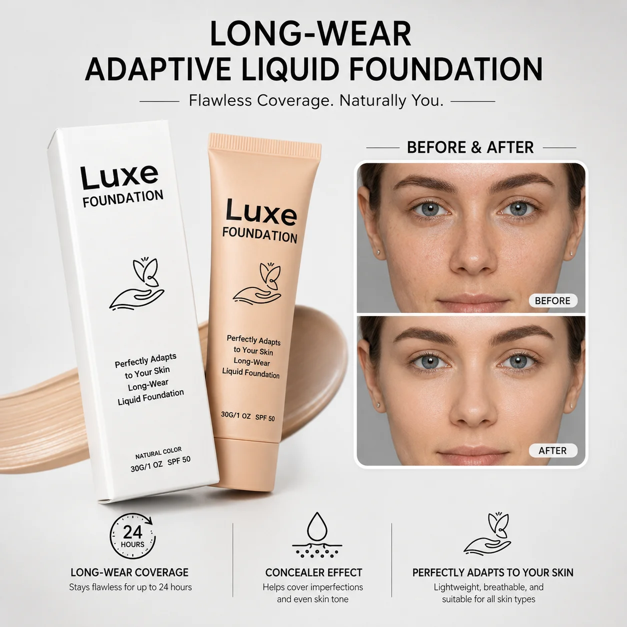 Natural Glow Flüssig-Foundation, vollständig deckender Concealer, feuchtigkeitsspendende Formel, kaschiert Hautunreinheiten und stumpfe Haut, langanhaltendes Make-up