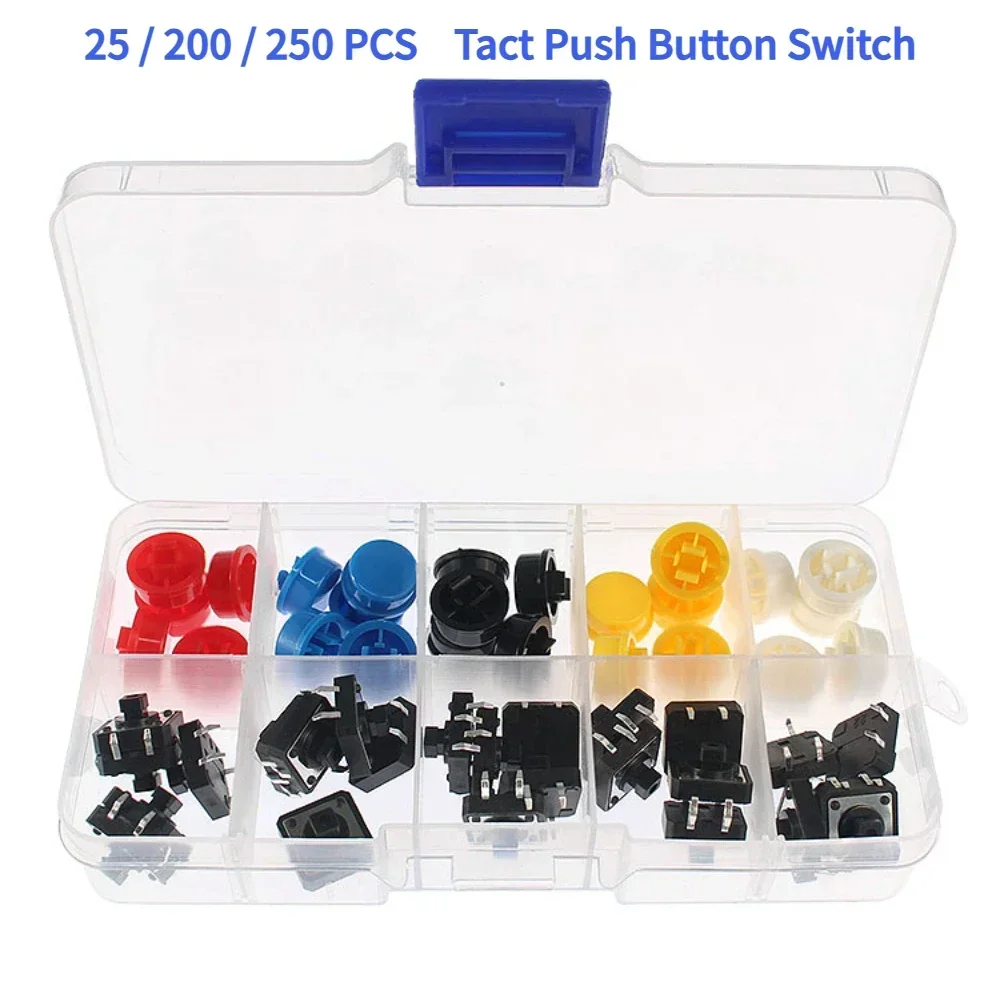 25/200/250PCS Switch Kit Micro Switch Push Button Switches DIY Assortment Kit 6x6mm 12x12mm 12x12x7.3mm