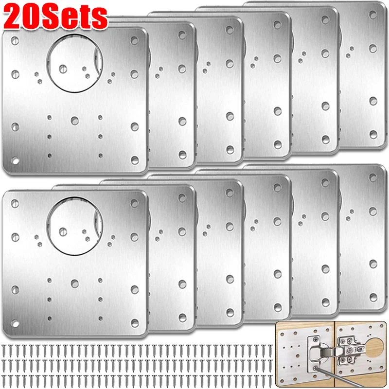 Cabinet Door Hinge Repair Plate Kit Stainless Steel Furniture Wardrobe Hinge Mounting Plate with Screw Flat Fixing Bracket Tools