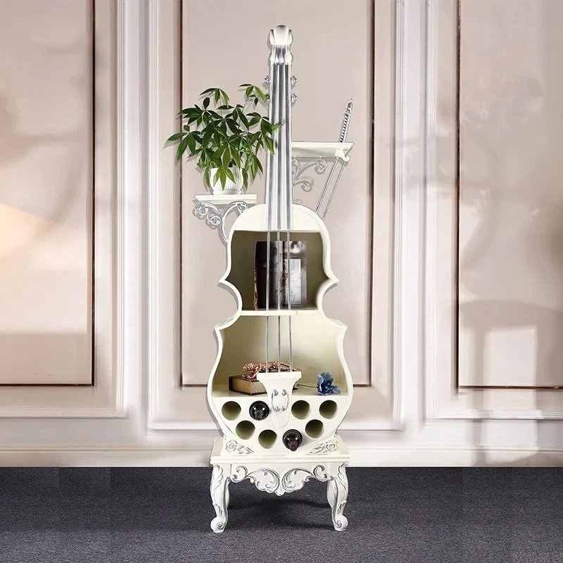 

European solid wood wine cabinet against the wall, living room entrance, decorative violin, dining side cabinet, light luxury