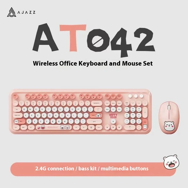 

AJAZZ AT042 Wireless Keyboard And Mouse Set 2.4G Silent USB Laptop Compatible Cute Female Design for Office Use Holiday Gift