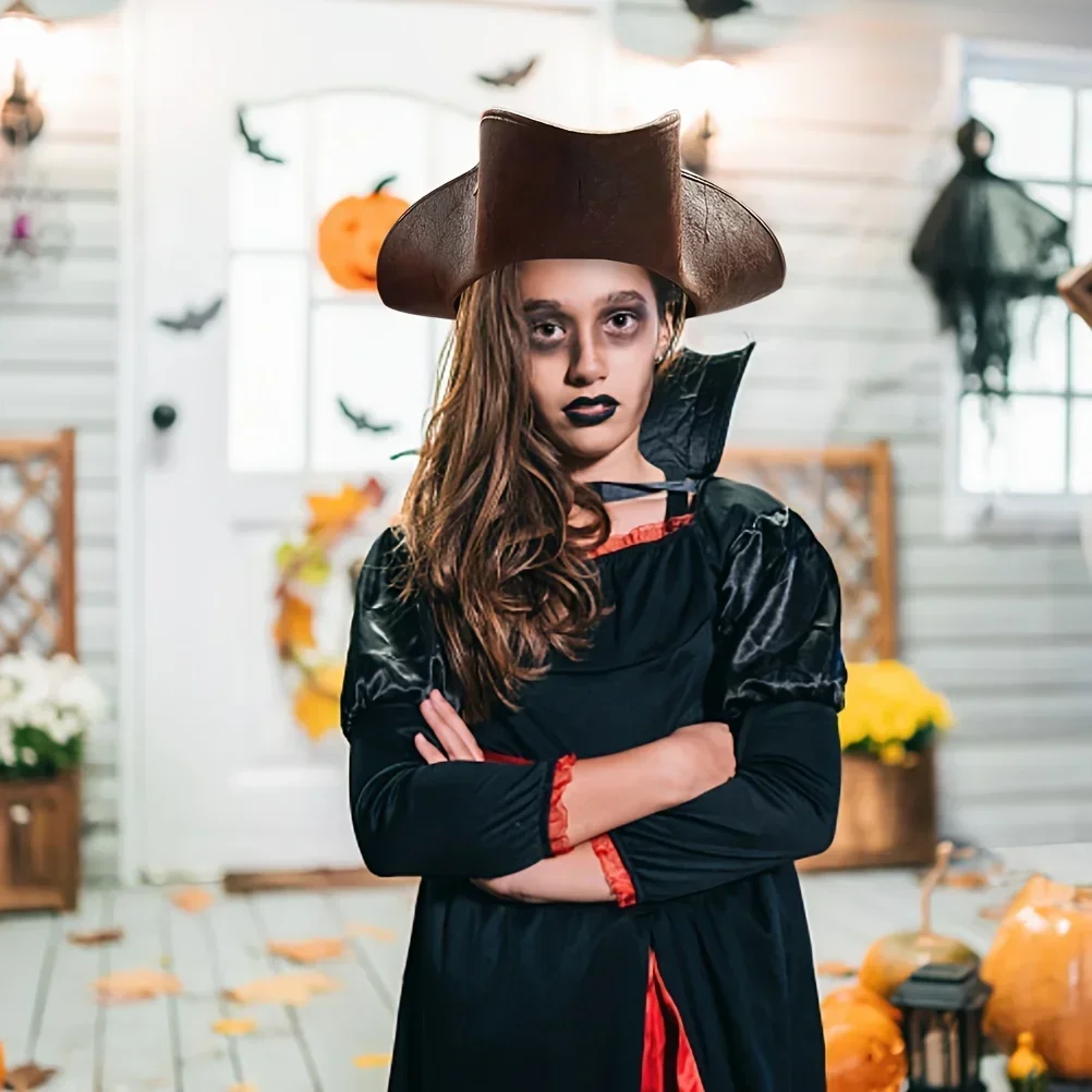 زي القراصنة، ملابس فاخرة، قبعة قرصان من الجلد الصناعي البني للبالغين، قبعة مثلثة للهالوين، إكسسوار زي قوطي #4