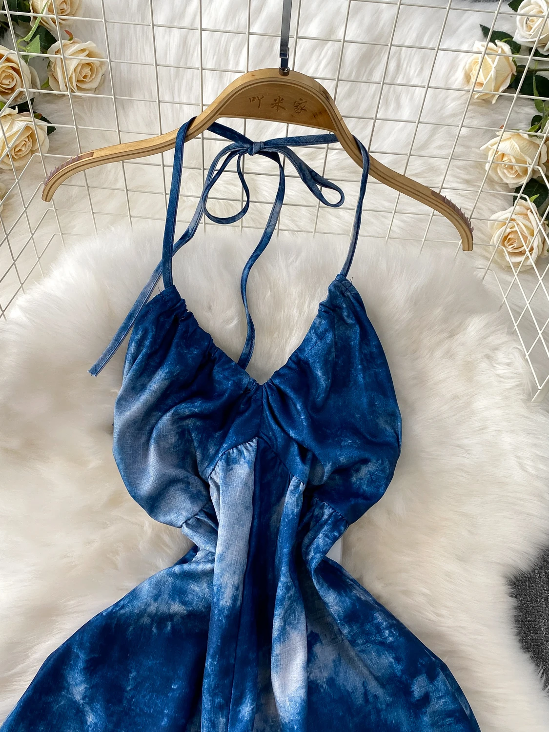 Vestido de Playa con Estilo Vacacional, Sexy, sin Espalda, con Cuello en V, Estampado Tie-Dye, E, para Mujer, Verano