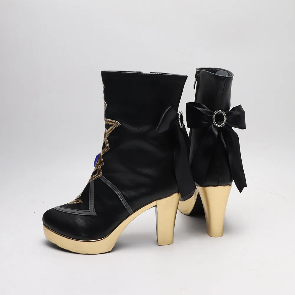 Anime Genshin Impact Navia Caspar Cosplay Shoes Black High Heels Short PU Leather Boots For Halloween Carnival