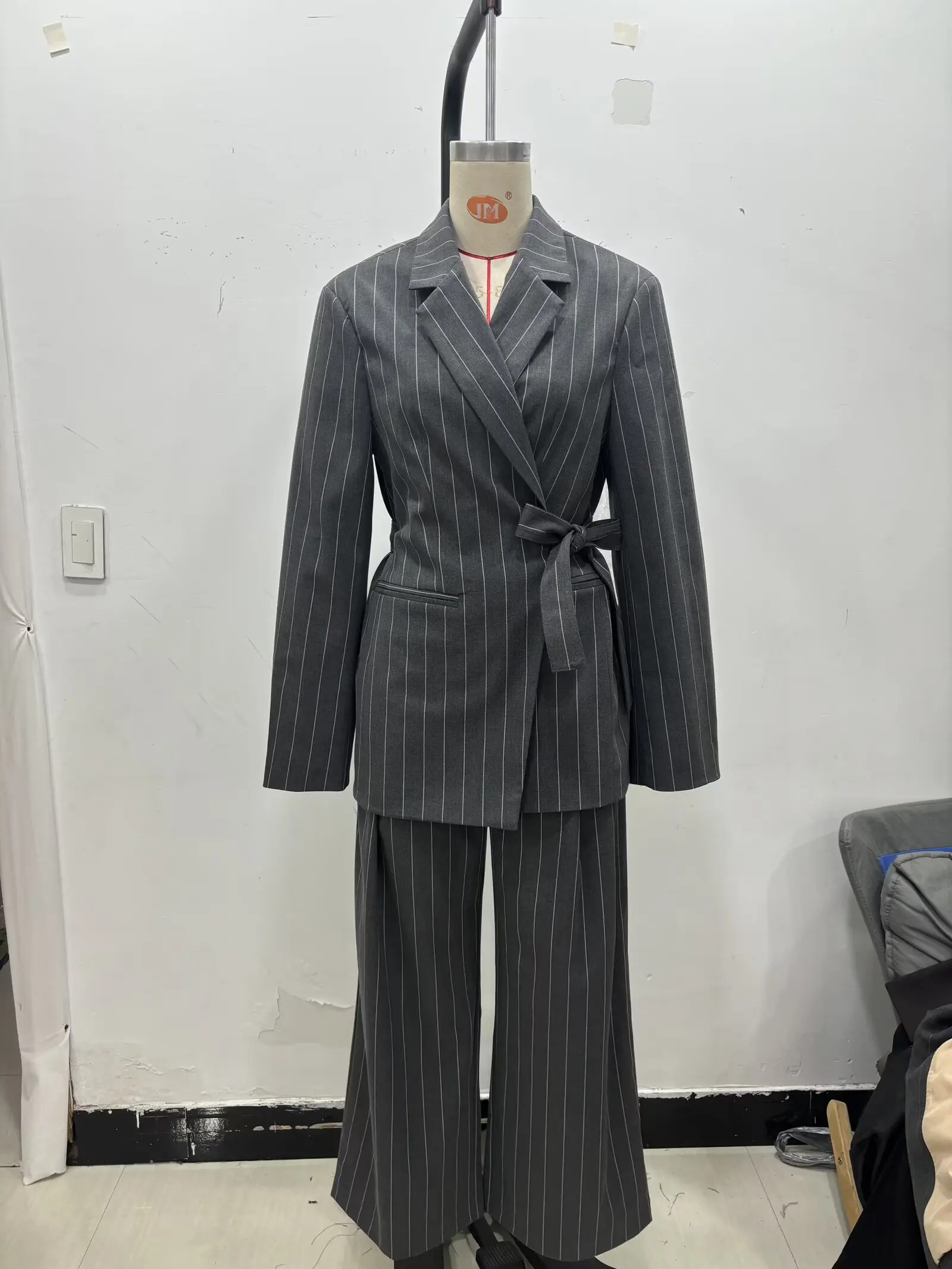 KONDALA Chic 2026 Spring Grey Women Striped Suits Lace-up Elegant Blazer+Zipper Pocket Long Pants Female Fashion Office Lady Set