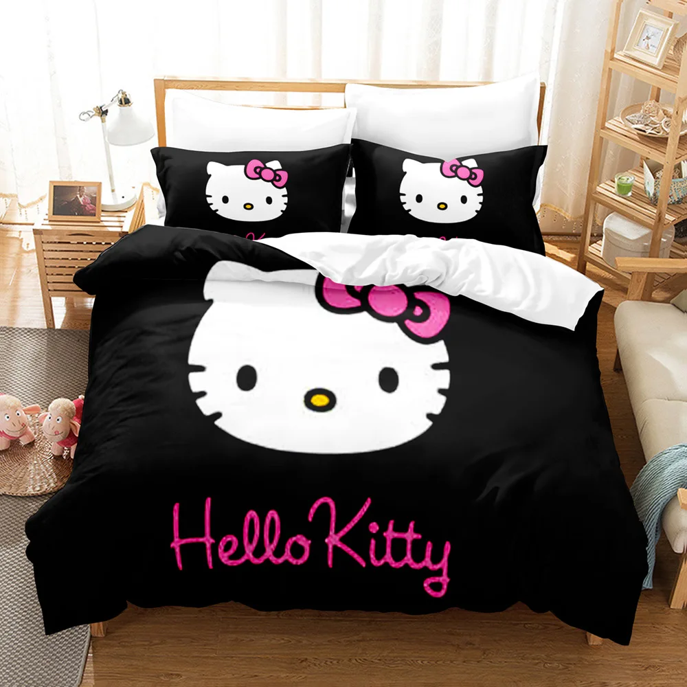 Sanrio Cartoon Anime Kuromi Hello Cat Kitt Cartoon 3D Digital Printing Quilt Cover Pillowcase Bedding Three-piece Set Cosplay