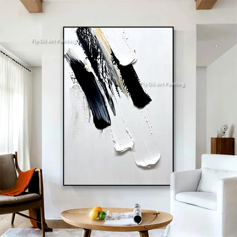 Abstract Black And White Knife Thick Canvas Wall Art Handpainted New Design Set Of Two Gray White Oil Painting Modern Home Decor