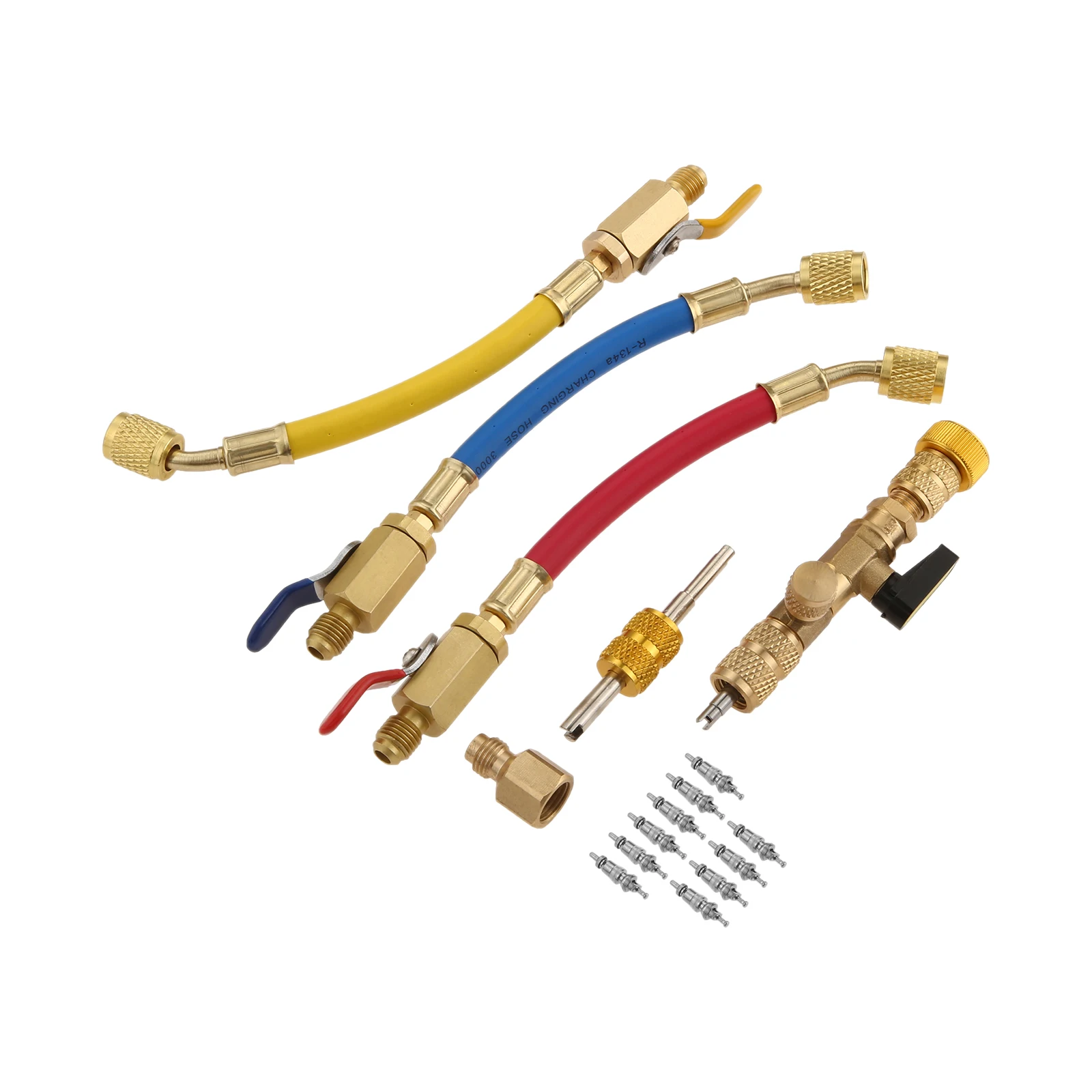 

1/4" SAE HVAC Charging Hoses w/ Ball Valve & Valve Core Remover Installer Tool w/ Dual Size SAE 1/4 & 5/16 for R410 R32 R22 R12