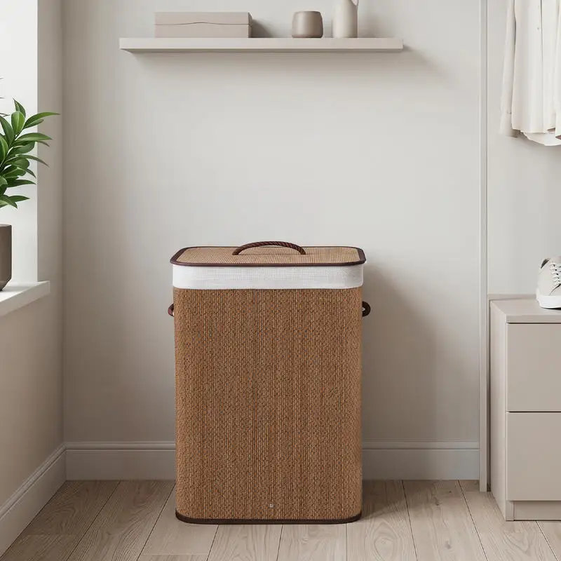 

19 Gal Capacity Bamboo Clothes Hamper with Removable Liner and Portable Handles-Brown