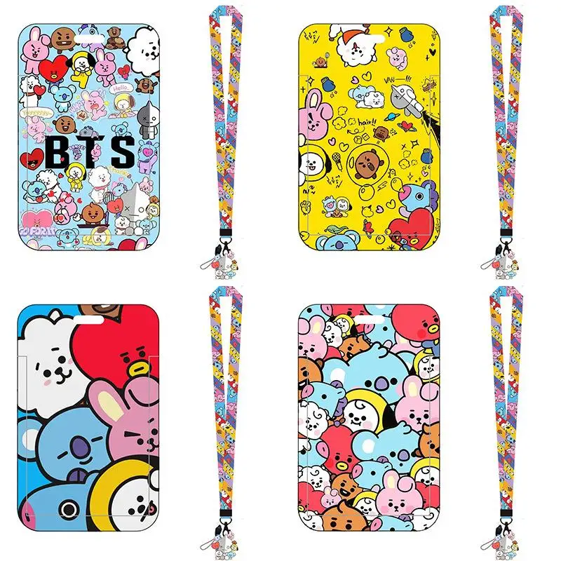 Kawaii BT21 Anime Peripherals Tata Rj Chimmy Cooky Shooky Mang Koya Cartoon Student Bus Card Holder with Long Lanyard