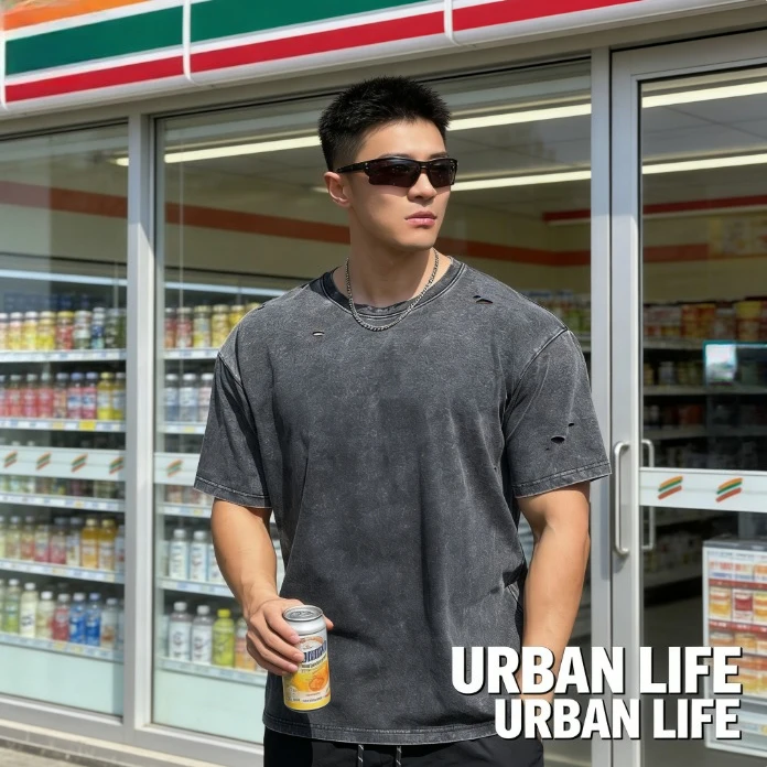 

Мужская повседневная спортивная футболка на весну-лето, свободного кроя, модная, с эффектом потертости, из хлопка