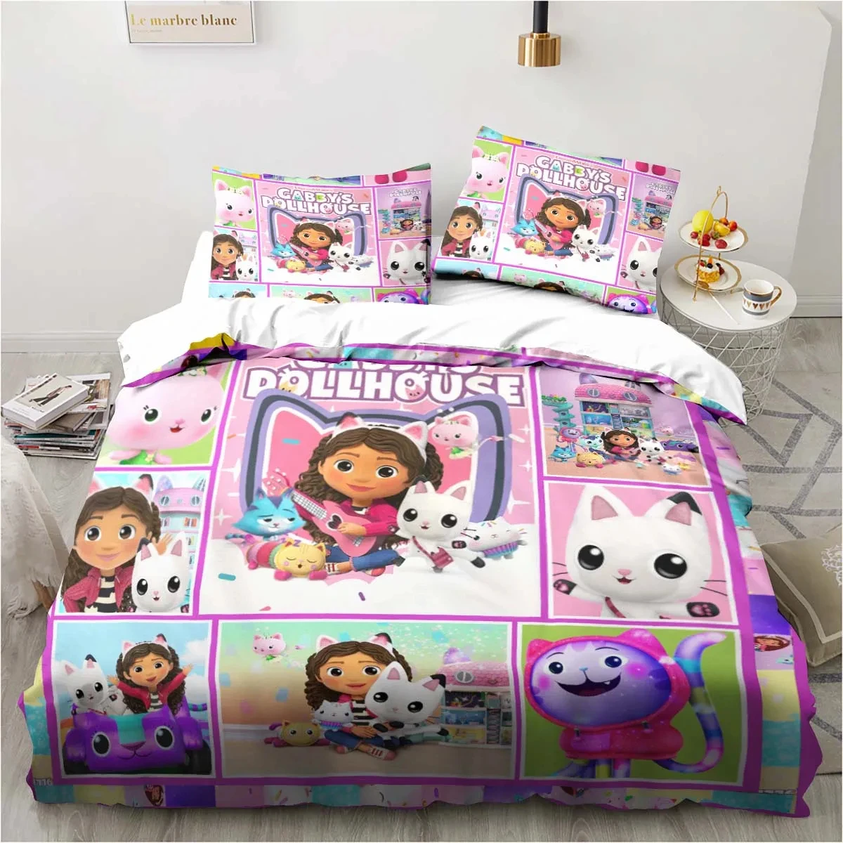 Gabbys Cartoon Dollhouse Bedding Set,Duvet Cover Comforter Bed Set Quilt Cover Pillowcase,King Queen Twin Size Boys Girls Adults