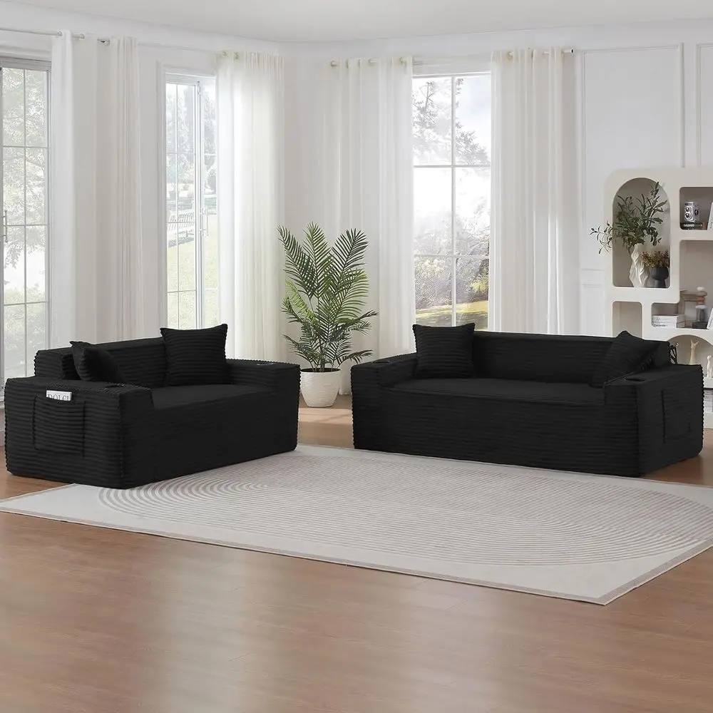 

2-Piece Cloud Sofa Set for Compact Living Rooms - Loveseat and 3-Seat Sofa with Cup Holders (Black)