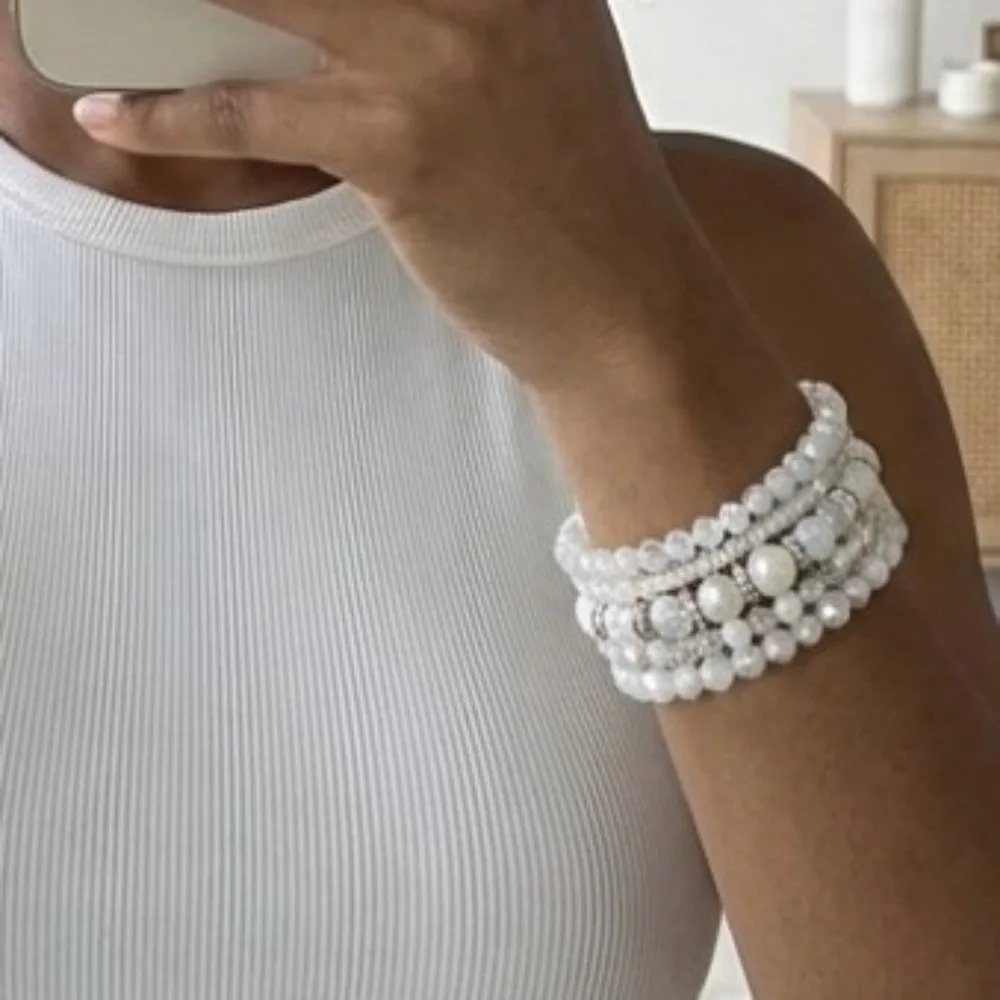 Elastic Stretch Layered Bracelet Glass Bead Bohemian Style Stackable Bracelet Faceted Adjustable Multi-Strand Bracelet
