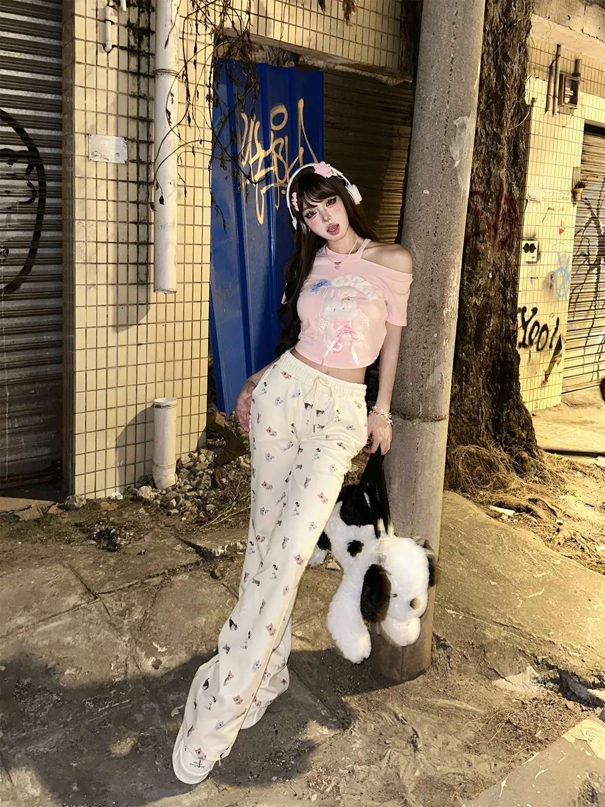 2024 Summer New Fashion Slim-Fit Casual Pants Girly Sweet Y2K Animal Print Kawaii Wide Leg Pants Women Elegant All-Match Pants