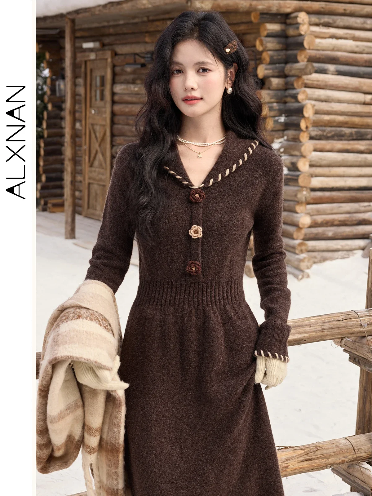 

ALXNAN Women Brown Knitted Dress A-neck Lapel Warm Wool 3D Flower Dresses Slim-fit Long Sleeve Elegant Female Clothing QJD00122