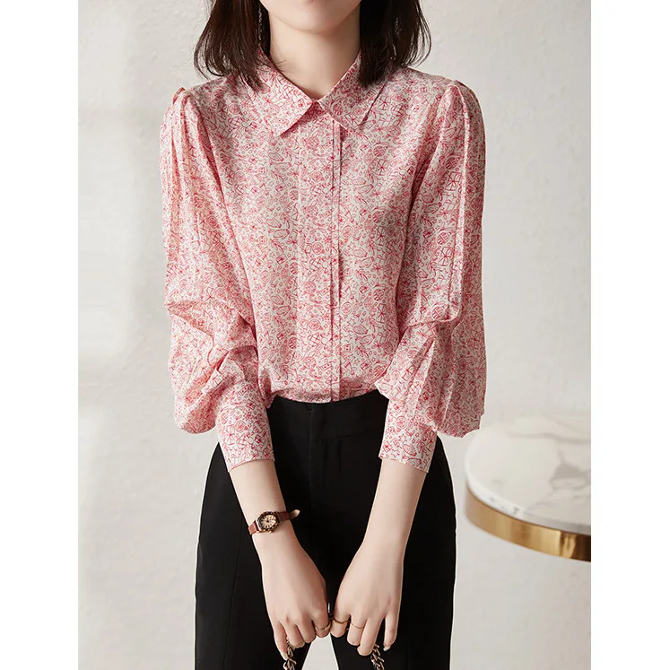 무거운 실크 셔츠 여름 새로운 여성 의류 봄과 가을 옷 탑 꽃 랜턴 슬리브
