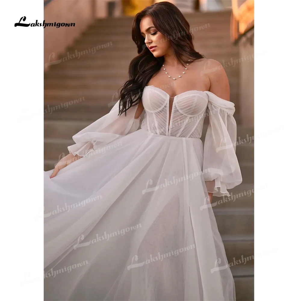 Lakshmigown-vestido de novia de corte en A sin tirantes, traje de boda con abertura lateral y hombros descubiertos, 2025