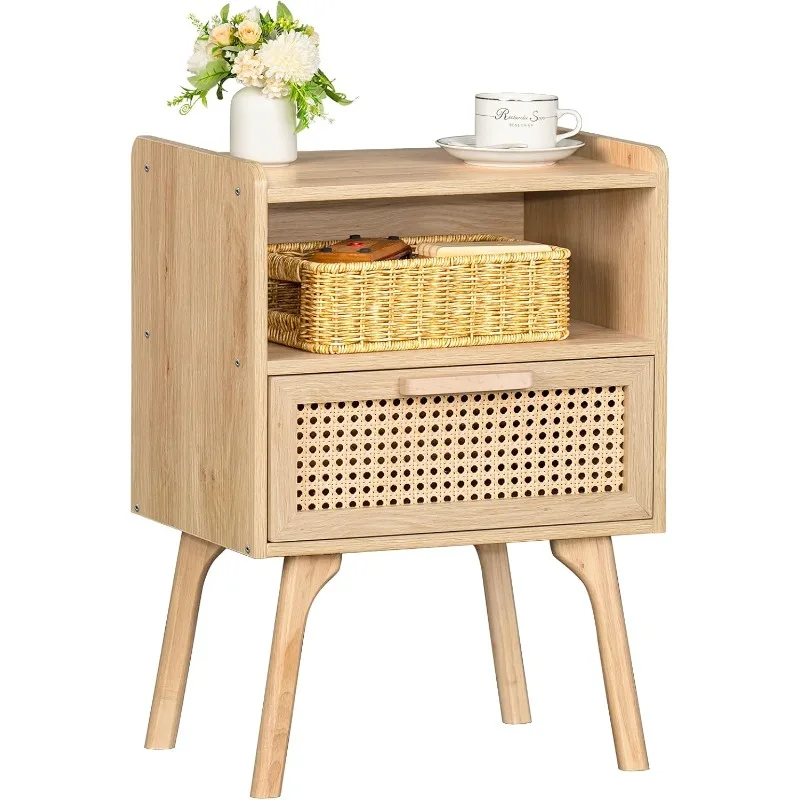 

Rattan Nightstand, Boho Side Table with Drawer Open Shelf, Cane Accent Bedside End Table with Solid Wood Legs for Bedroom,