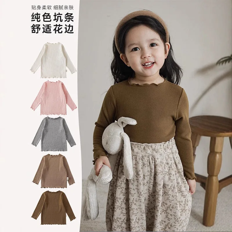 Girls' Korean Style Thermal Shirt Stretchy Mock Cashmere Blouse with Lace Trim Cute Spring/Fall Tops for Baby Toddler Kids