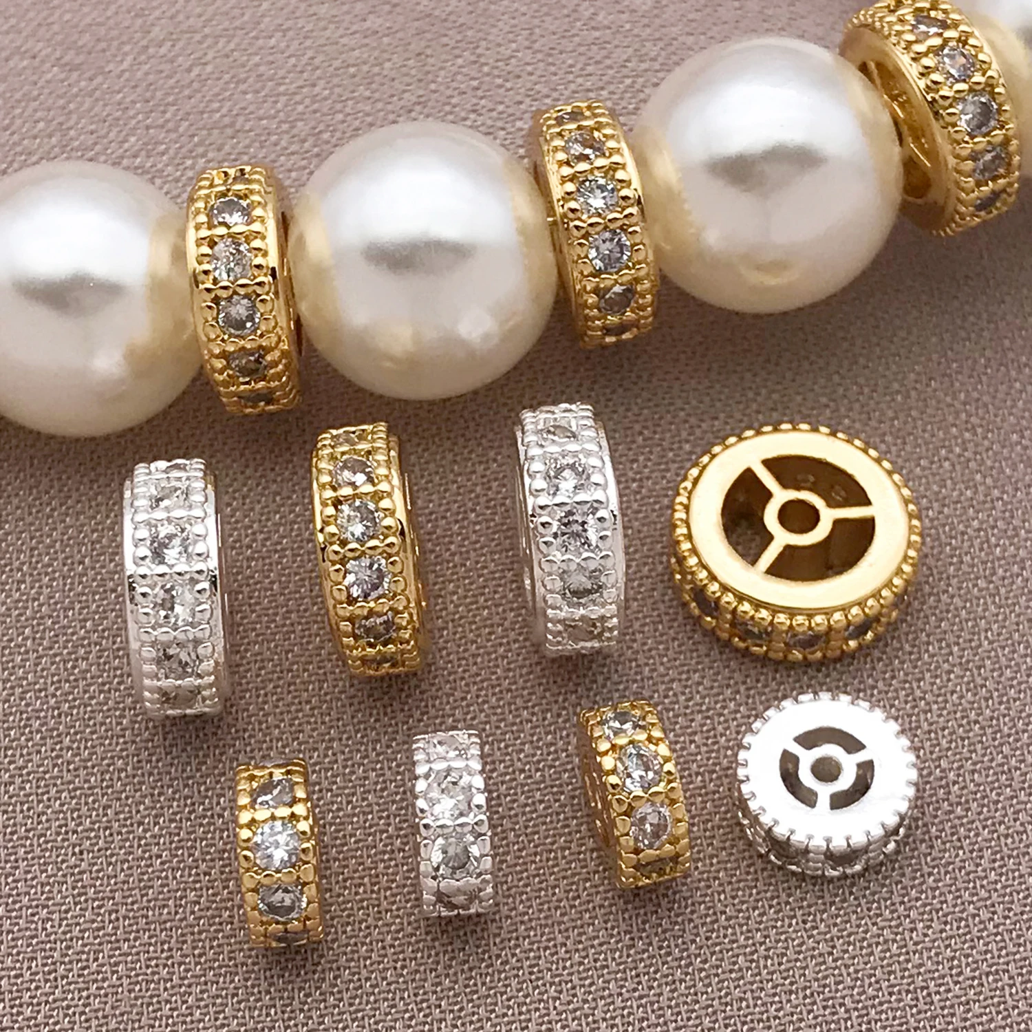 Mix 3 Pieces of 18K Copper Plated Real Golden Thick Silvery with Zircon Wheel Spacer, DIY Jewelry Making Accessories