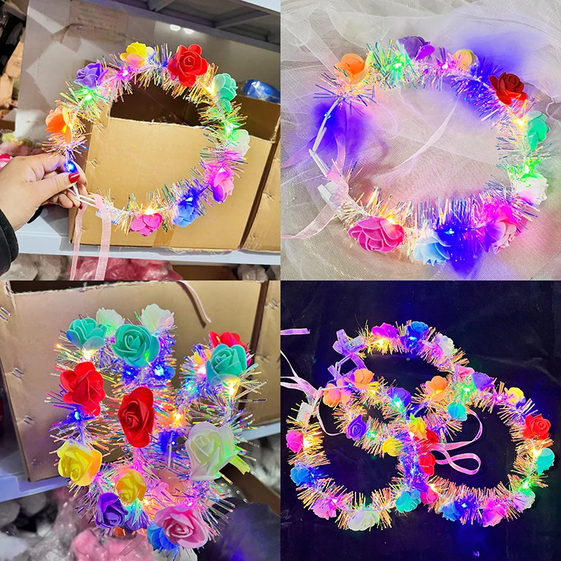 LED Flower Crown Fairy 14-LED Light Up Hair Wreath Party Floral Headpiece Hair Band Birthday Wedding Luminous Headband