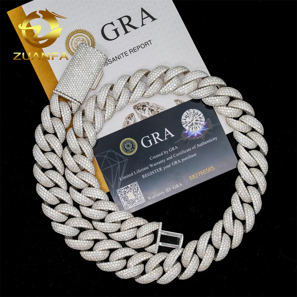 Zuanfa Jewelry Hip Hop 5 Rows Diamond Iced Out Cuban Link Necklace 925 Sterling Silver VVS Moissanite Cuban Link Chain