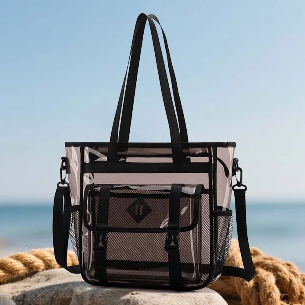 Candy Color Transparent Beach Handbag Multi-pockets Large Capacity Crossbody Jelly Bag PU Leather Swimming Tote