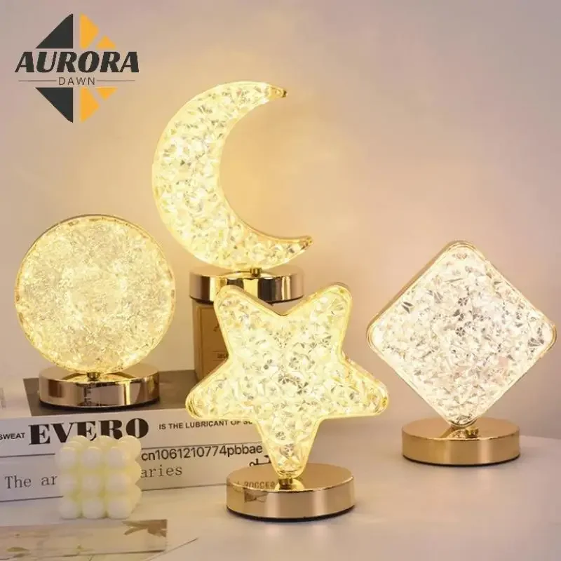 Bedroom Crystal Touch Dimming Night Light Girls Room Home Decor Aesthetics USB Bedside LED Ambient Table 3D Moon Lamp