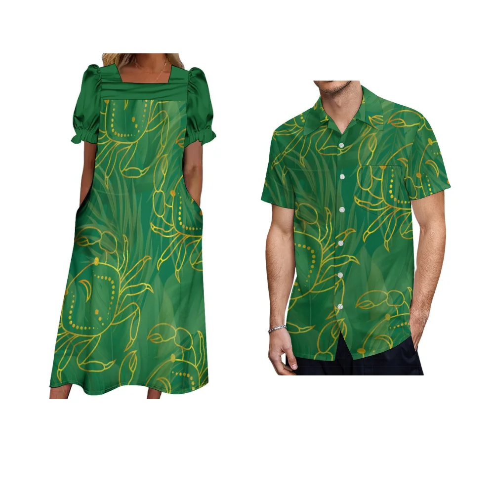 

New Mumu Pocket Casual Dress Polynesian Traditional Print Custom Couple Suit Loose Women'S Long Skirt Men'S Shirt 2024 New