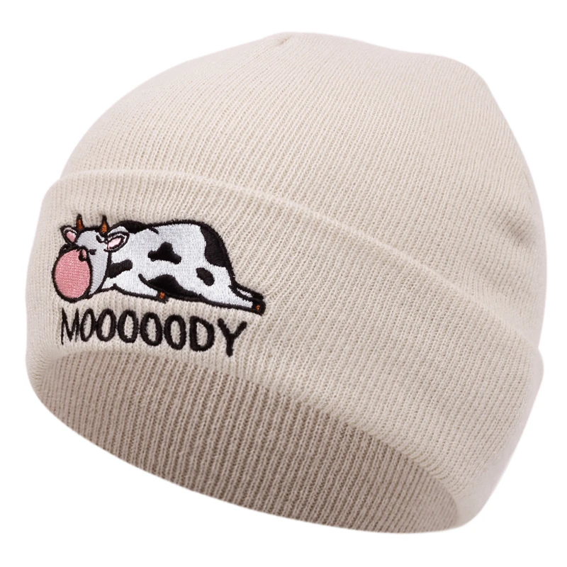 Chapeau tricoté en forme de vache pour hommes et femmes, bonnet de ski brodé pour l'extérieur et l'hiver