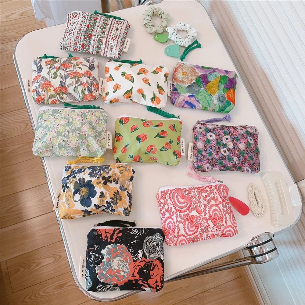 Floral Makeup Bag Mini Cosmetic Bags Cotton Organizer Bags Women\'s Lipstick Key Storage Bag Makeup Case Children Coin Purse