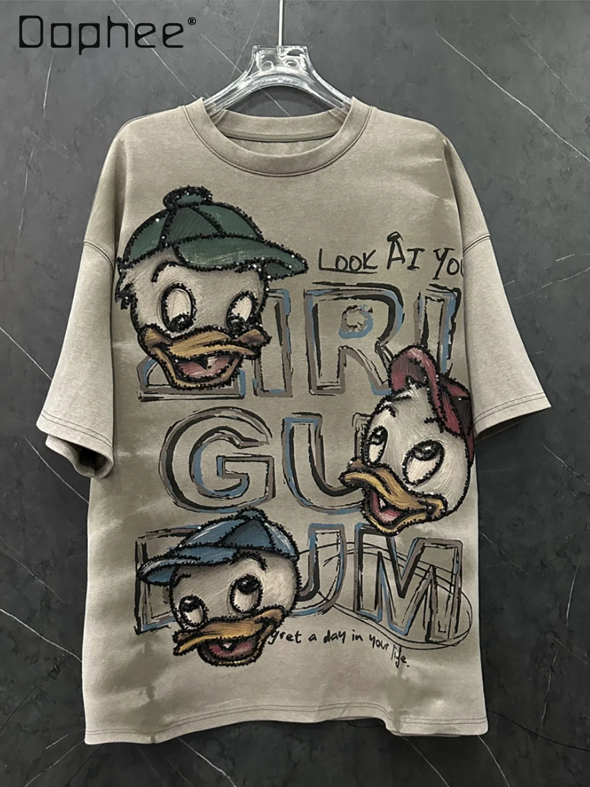 Heavy Industry Cartoon Sequin Printed Duck Short Sleeve T-Shirt Women's Loose Casual Mid Length Do Old Half Sleeve Top