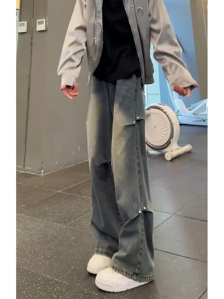American Vibe Retro Blue Bell Bottom Straight Leg Workwear Jeans Men's Clean Fit Pleated Rivet Straight Leg Casual Trousers