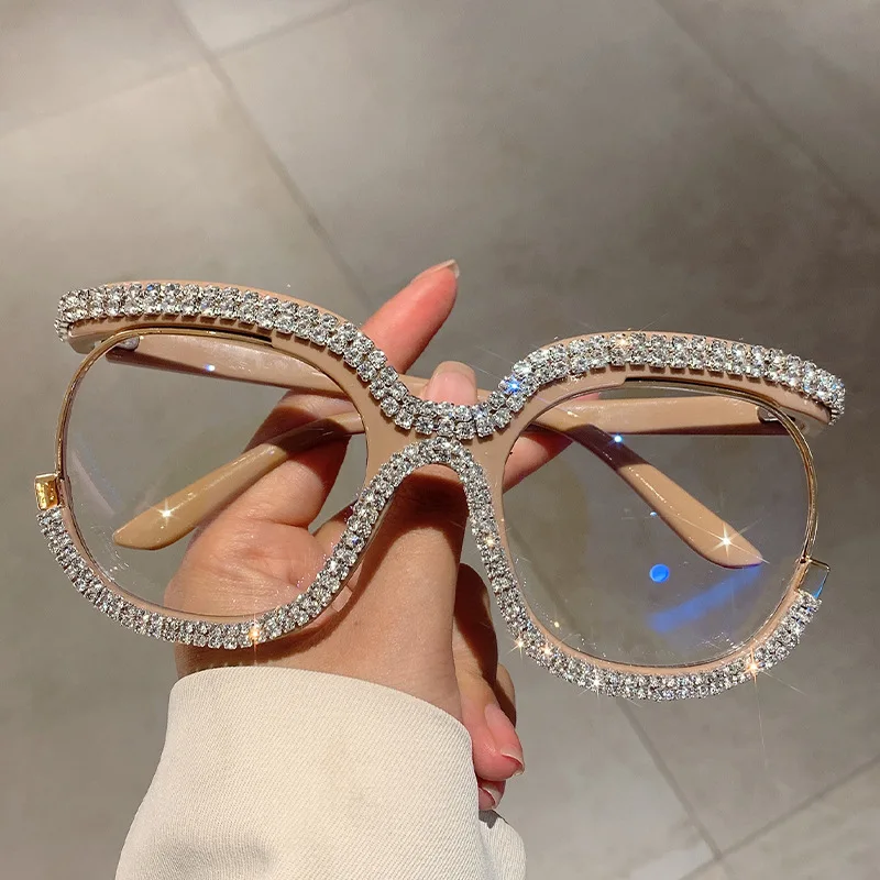 

Large Frame Diamond Studded Flat Glasses Personalized Double Row Diamond Framed Women's Glasses