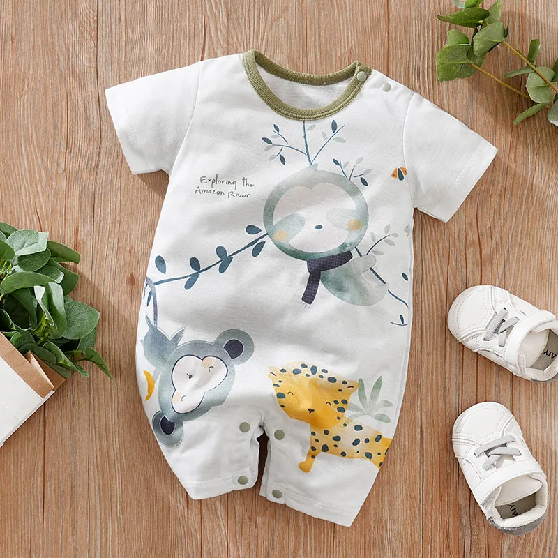 Summer Boys And Girls Cute Cartoon Animal Print Casual Comfortable Short Sleeve Baby Bodysuit