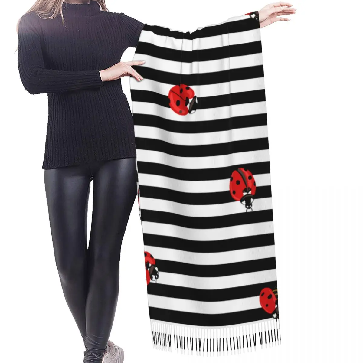 Tassel Scarf Large 196*68cm Pashmina Winter Warm Shawl Wrap Bufanda Female Red Ladybugs On Stripes Cashmere Scarves