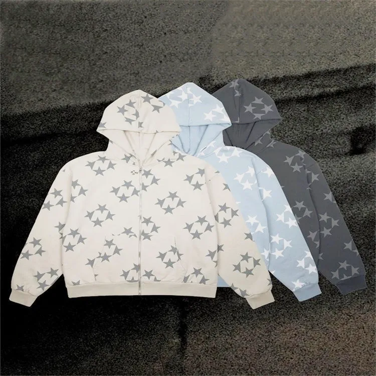 Women Harajuku Star Printed Sweatshirts Loose Casual Cardigan Tops Coats Streetwear Y2K Gothic Grunge Vintage Zip Up Hoodies