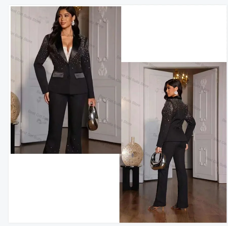

Luxury Stone Crystal Women Suit Set 2 Pcs Black Blazer+Pant Trouser Formal Office Jacket Customized Wedding Tuxedos Cotton Coat
