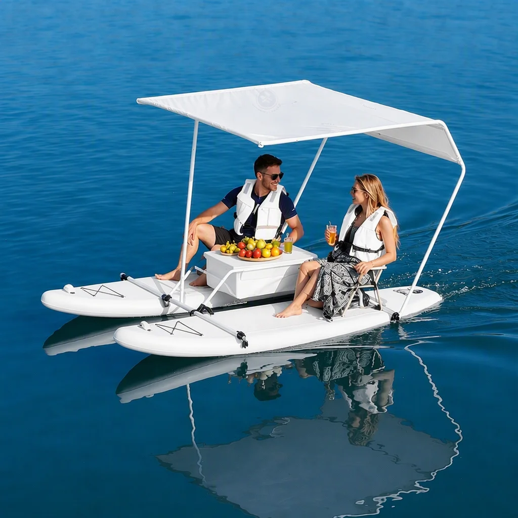 Factory Wholesale Inflatable Catamaran Floating Leisure Platform Double SUP Paddle Board Boat with Canopy Table and Seats