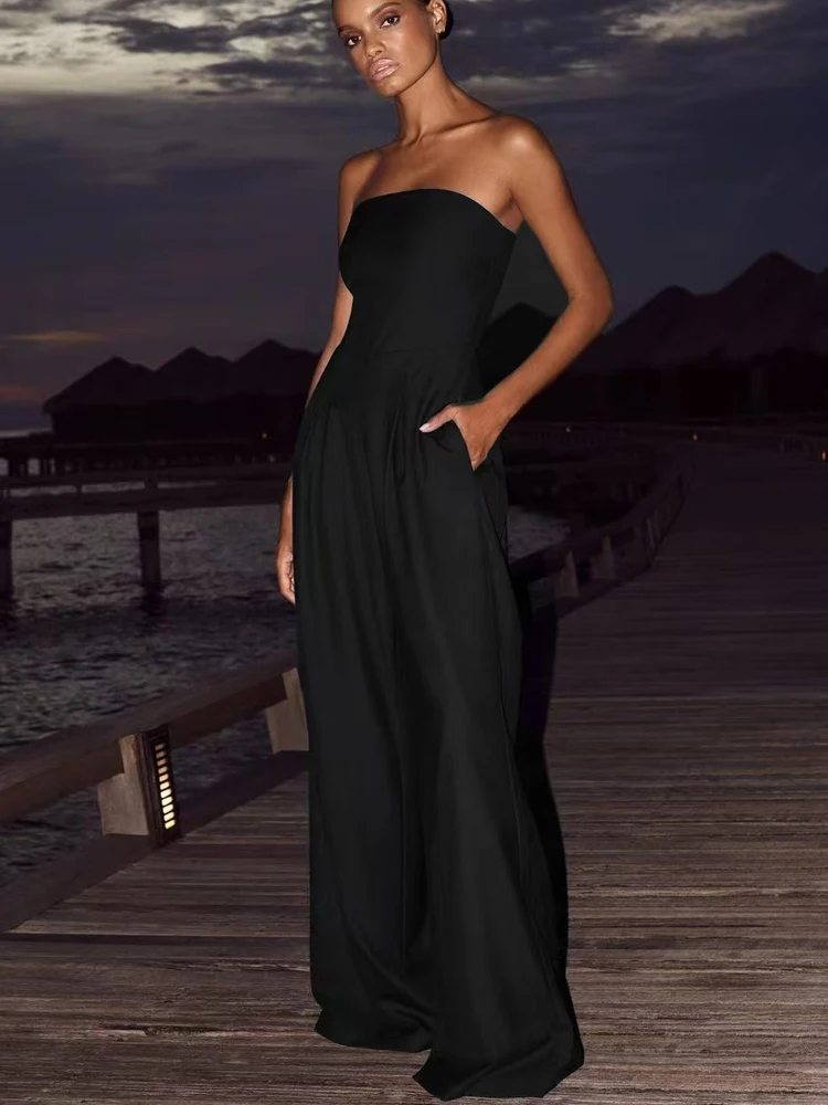 FSMG Fashion Solid Sexy Backless Slim Jumpsuits Elegant Off Shoulder Waist Cinching Pockets Wide Leg Pants Temperament Bodysuit