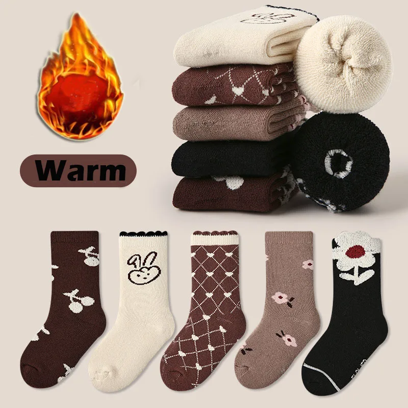 

5 Pairs Girls Socks Winter Thickened Cotton Socks Thermal Flower Pattern Warm Socks Baby Toddler Socks Children Socks