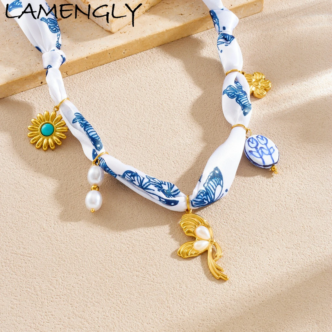 

LAMENGLY 316L Stainless Steel Blue-White Ribbon Pearl Inlay Butterfly Flower Charm Necklace Women Elegant Ethnic Style Jewelry