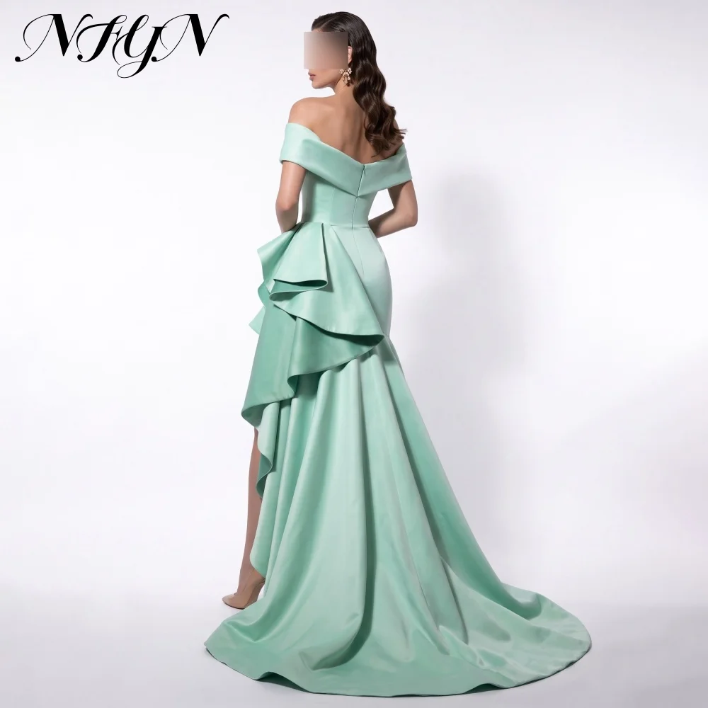 NFYN Sophisticated Mint Off Shoulder Evening Dress Satin Ruffle High Low Prom Gown Long Train Slit Full Party Dresses Customized
