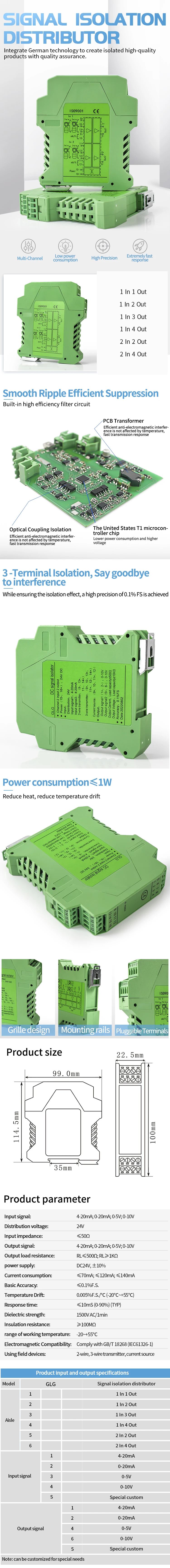 4–20 mA bis 0–10 V DC-Signalisolator, 0–10 mA, 0–20 mA bis 0–10 V, 0–5 V, 1–5 V, analoger Signalisolator, 1 Eingang, 1 Eingang, 2 Ausgänge – Detail 2