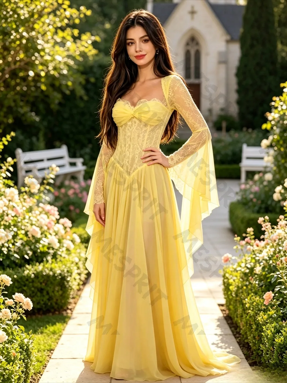 Customized Sweetheart Collar A-line Evening Gowns with Horn Long Sleeves Lace Splicing Multi Layer Chiffon Back To School Gowns