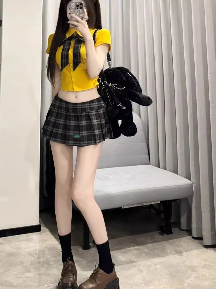 

Женский летний комплект 2024 ор с высокой талией в клетку для колледжа Sle Faion, высококачественная полиэфирная ткань, студенческая работа, orm