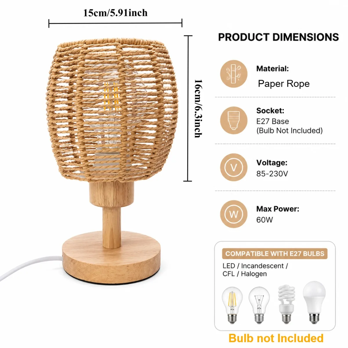 JOYINLED Handmade Rattan Lamp Shade Vintage Wicker Table Lamp Cover with Wood Base E27 Light Holder for Bedroom Nightstand Decor