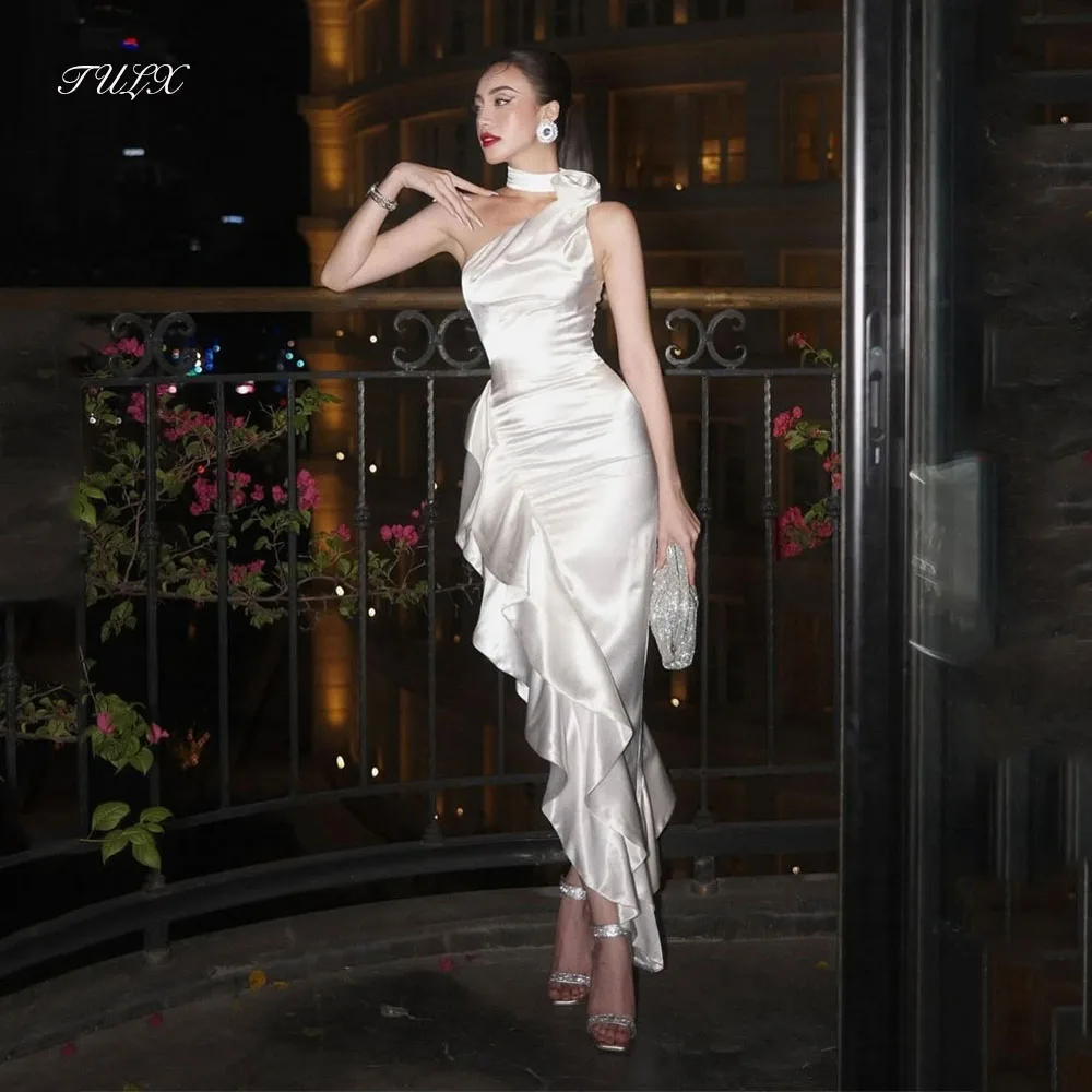 

TULX Elegant Ivory Satin Arabia Evening Dress Halter Sleeveless Wedding Party Dress Mermaid Long Formal Event Dress Customized