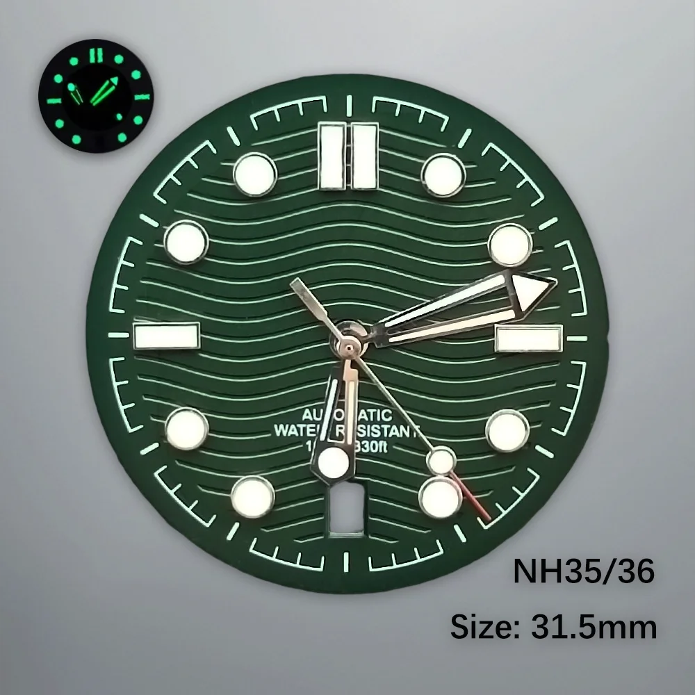 Seamaster 31.5mm dial fits for 6 o'clock Date NH35 NH36 movement green luminous dial hands watch accessorie Customized logo dial